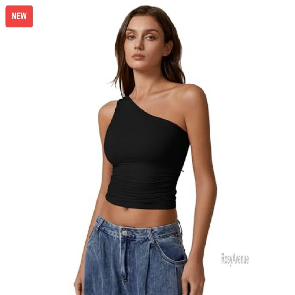 One Shoulder Double Lined Tank Top Slim Fit Cropped Tee - Picture 4 of 8